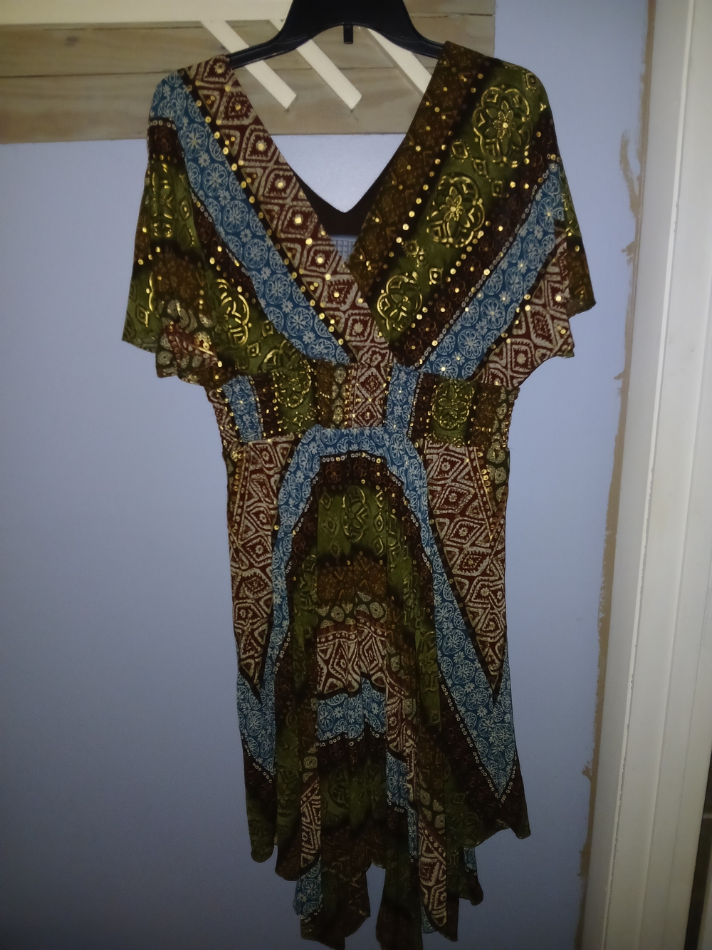 Rabbit Rabbit Rabbit Olive Green and Blue Patchwork V-Neck Asymmetrical Dress